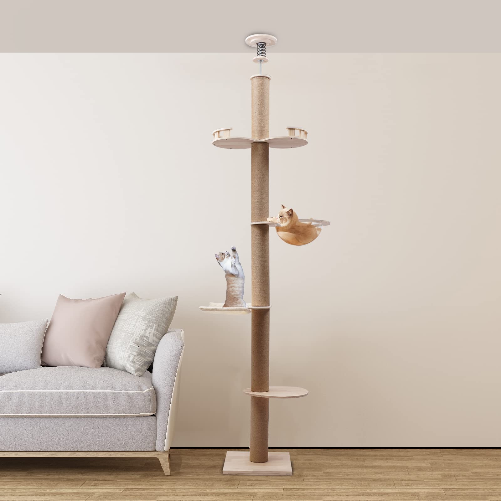 PERFERATE Floor to Ceiling Cat Tree Rattan Cat Climbing Tower Condo with Scratching Post,Basket,and Bed Adjustable High 100.4-104.3