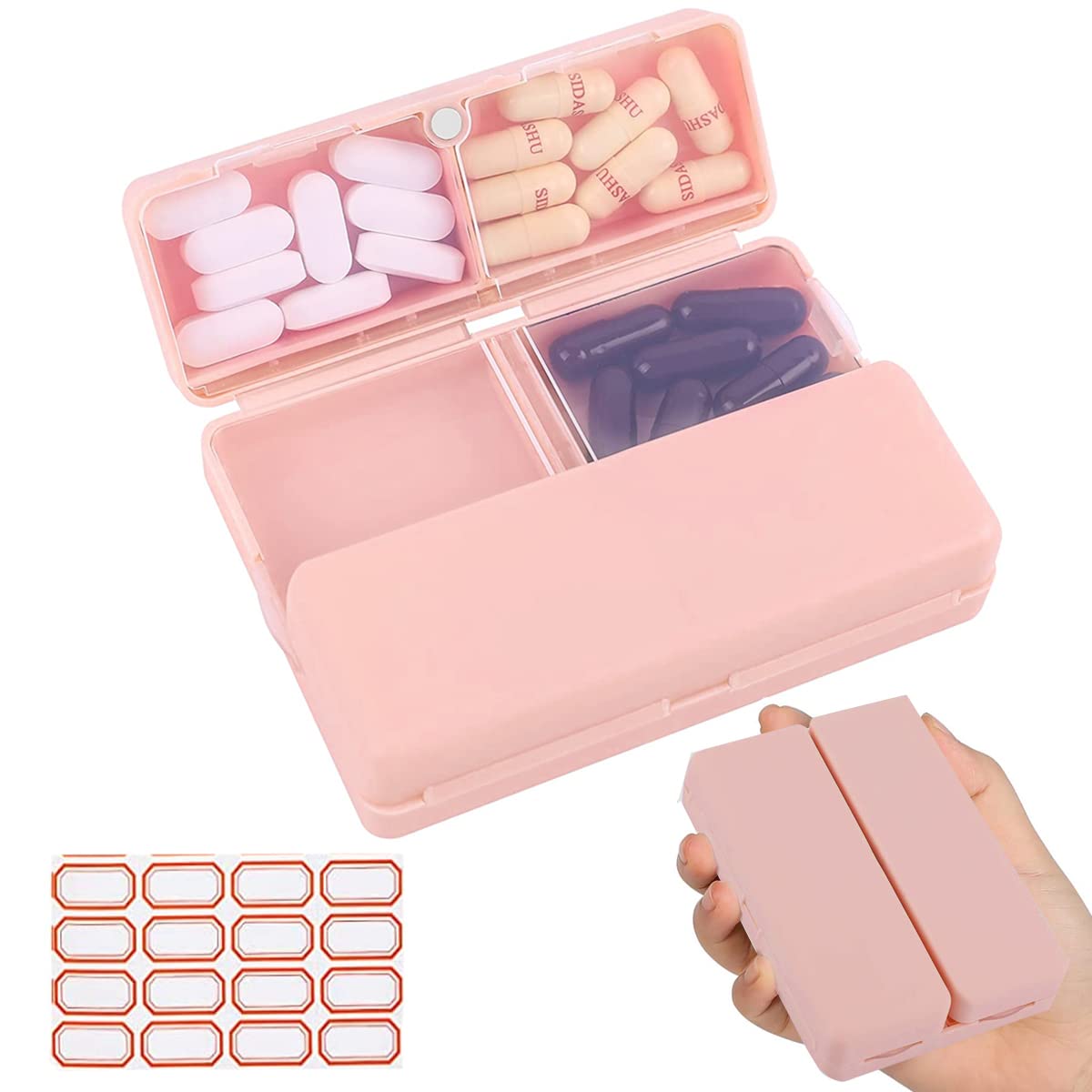 Pill Medicine Organizer Storage Box with 7 Compartments, Folding Design, Moisture-Proof Pill Box for Vitamin, Medicine, Pills, Supplements Holder Container, Pink