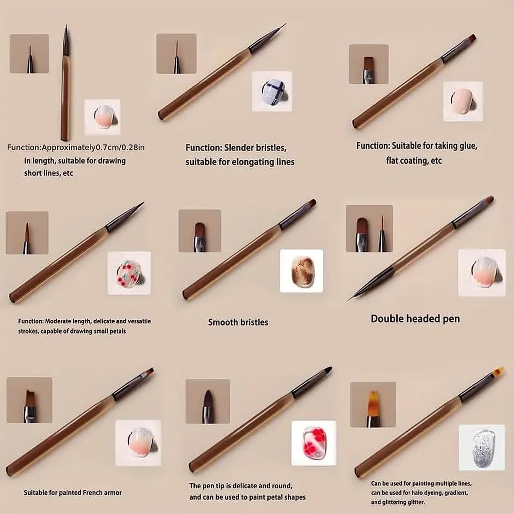 9 Pcs Dual End Nail Art Pen Brush Acrylic Round Flat Painting Drawing Liner Tools - Nail Art — view 6