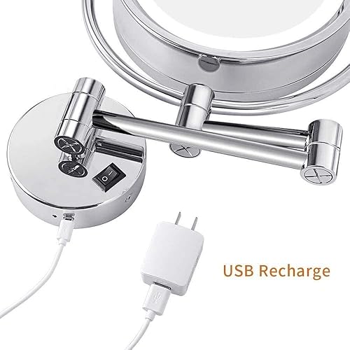 Miniatura 5 de Espejo de maquillaje montado en la pared con luces LED, doble cara con aumento de 10X, espejo de tocador de montaje en pared de 8 pulgadas, rotación