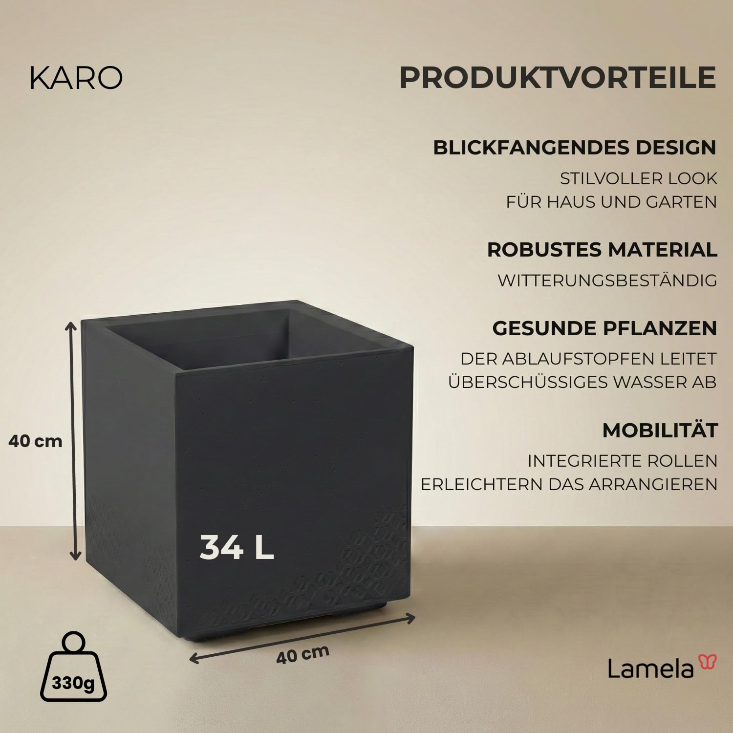 LAMELA Pflanzkübel mit Rollen 40 cm, 36L – Blumentopf aus Kunststoff in Betonoptik – Übertopf mit Wasserablauf – Modern für Innen & Außen - Wetterfest & Pflegeleicht, Antrazit