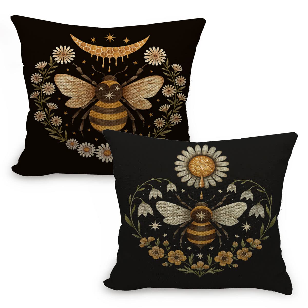 Mancheng-zi Rustic Wild Honey Bee Moon Daisy Flower Throw Pillow Covers Set of 2 Lovers Gifts for Women