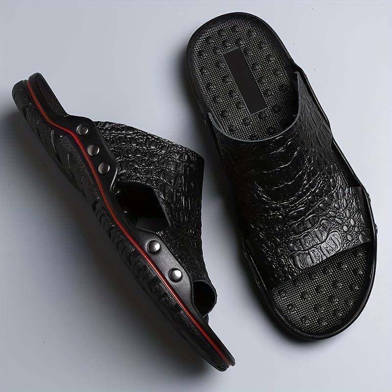 Men's Genuine Leather Slippers - Crocodile Pattern, Non-Slip Soft Sole, Open Toe Beach Sandals for Summer, Summer Sandals | Open Toe Slippers | Textured Leather Strap4