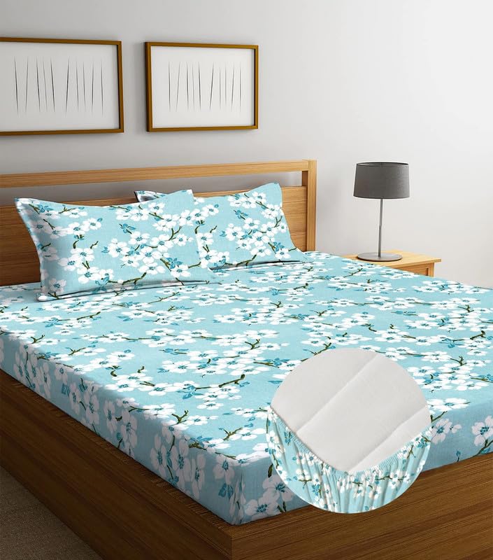 Image of la'amour Premium Cotton Elastic Fitted Bedsheets with 2 King Size Pillow Covers Double Bed with All Around Elastic Supersoft Size - 72 King Sizex78+10 inches Sky Blue 200 tc - 220 tc