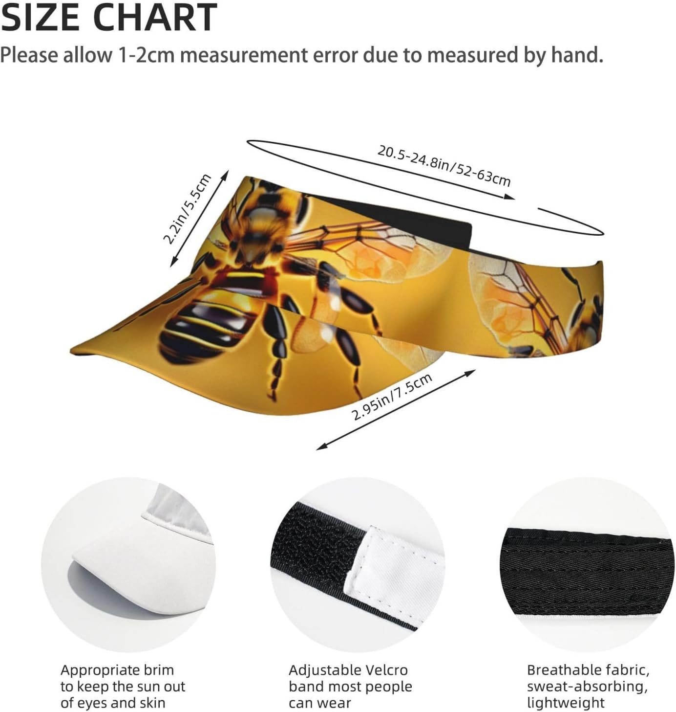 Bee Flying Print Foldable Sun Visor Hat Lightweight Adjustable Sun Visor Hat Outdoor Sports Cap for Adults Black