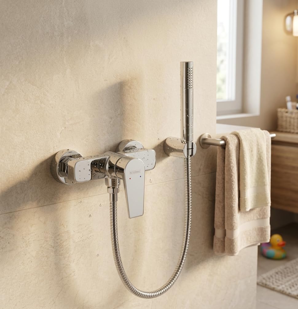Krobec Rubinetto da doccia a parete, miscelatore monocomando per doccia, montaggio a parete, miscelatore per doccia, batteria per doccia con una sola mano, ottone, inserto valvola in ceramica (cromato