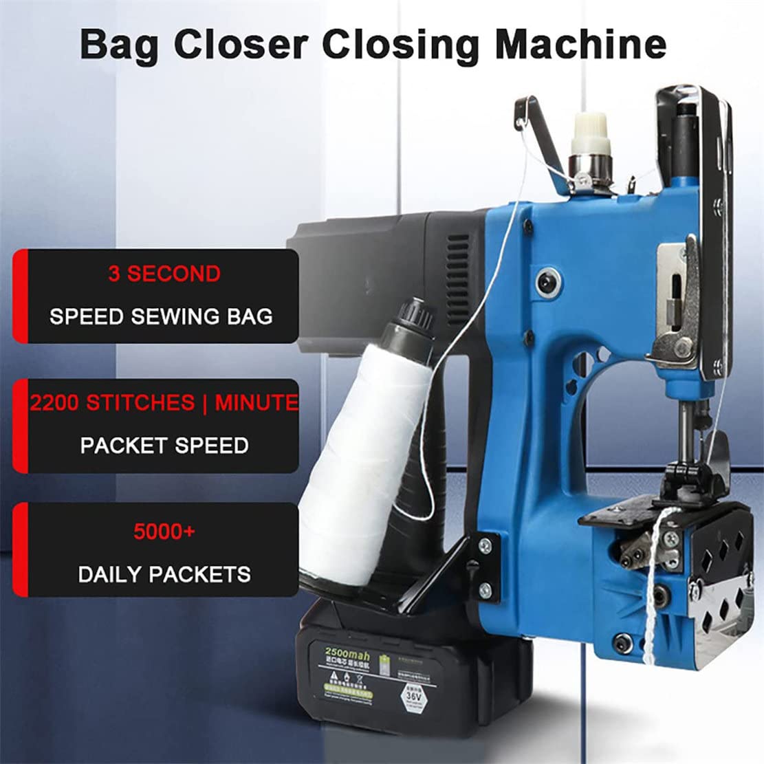 36V Macchina per Cucire più Vicina alla Borsa, Sigillo Di Chiusura Industriale Portatile Cucito a Sacco 2s/bag, Cordless Cucitrice Elettrica Portatile Per Riso/sacco/tessuto/carta,Blue-2Batteries