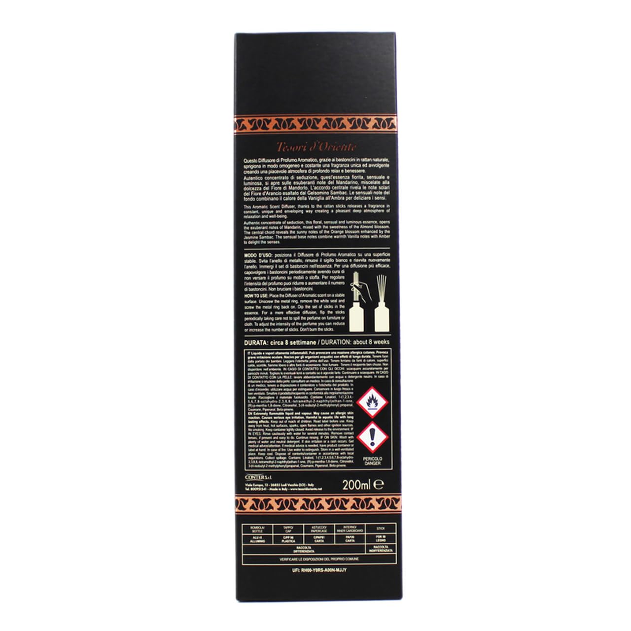 6X Tesori D´Oriente, Hammam Diffusor für Stäbchen,Raumduft Diffusor mit Stäbchen 200ml + Beni Culinari Kostenloser Schlüsselanhänger