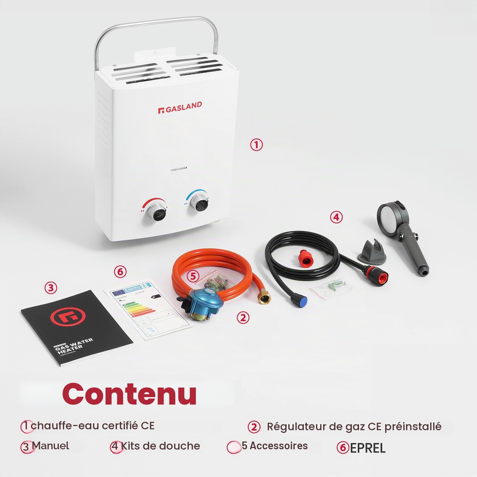 GASLAND AS132 Chauffe-eau à gaz, 5 L/min sans réservoir de gaz propane 30/37 mbar, chaudière instantanée à GPL avec poignée pour camping-car, camping, douche, lavage cheval