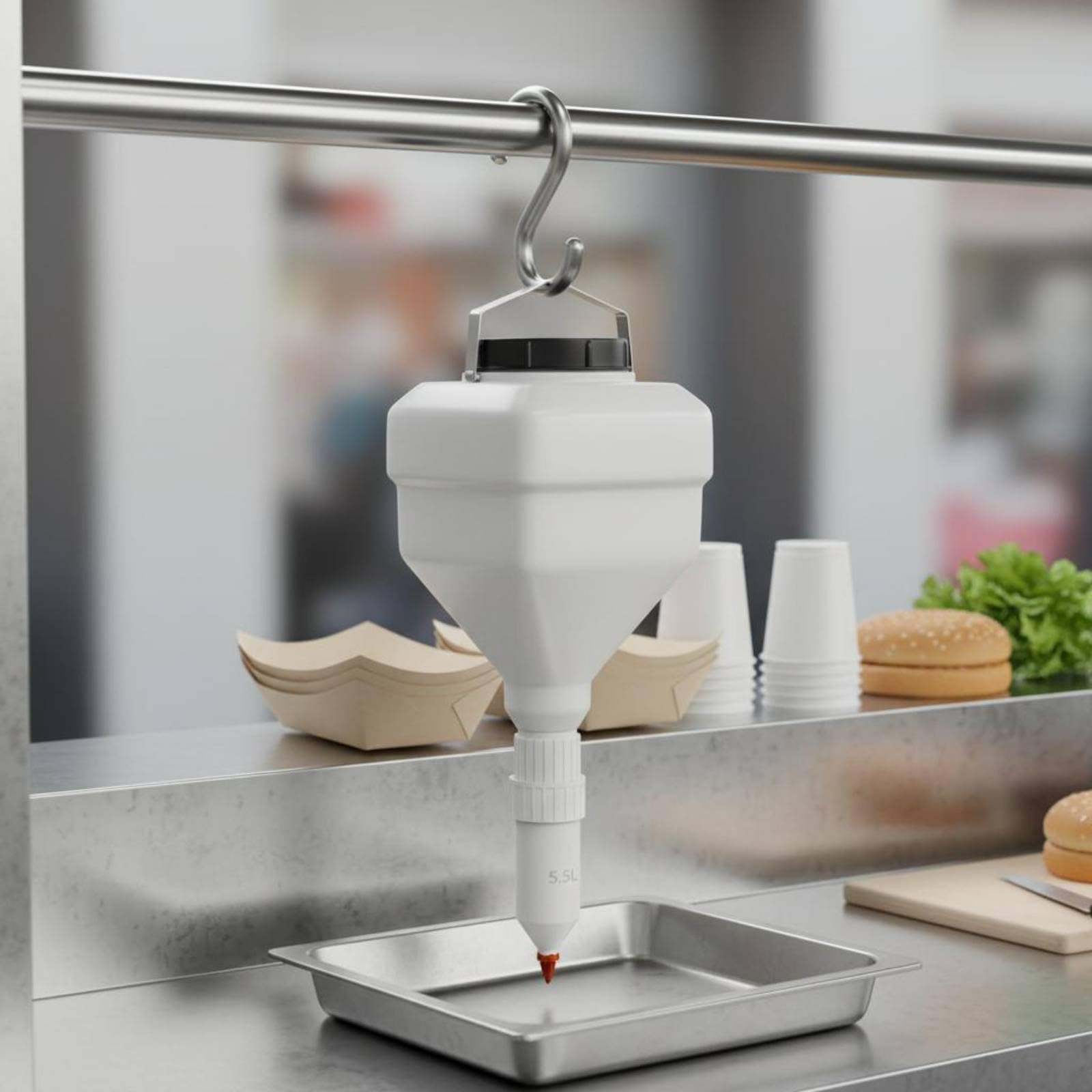 Dispenser di Salse con Porzionatore Preciso Struttura Durevole in Plastica E Metallo Design Sospeso per Ordine Sul Banco Lavoro Adatto a Ristorazione, Barile Quadrato 5,5L