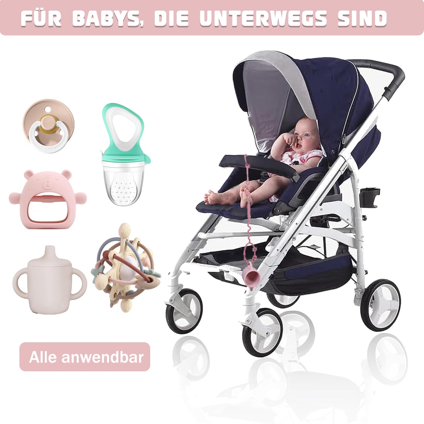 Silikon Kinderwagenkette Cup Catcher Trinkbecher Halteriemen BPA-frei Blume 4 Stück
