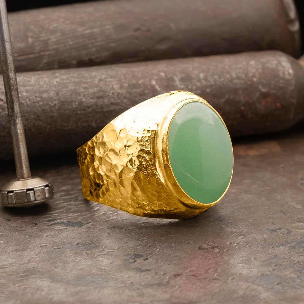 Natural Aventurine Crystal Ring Men's Hammered 24K Gold Vermeil 925 Sterling Silver Oval Solitaire Gemstone Dainty Statement Healing Crystal Gemini Luck Handmade Turkish Fine Jewelry