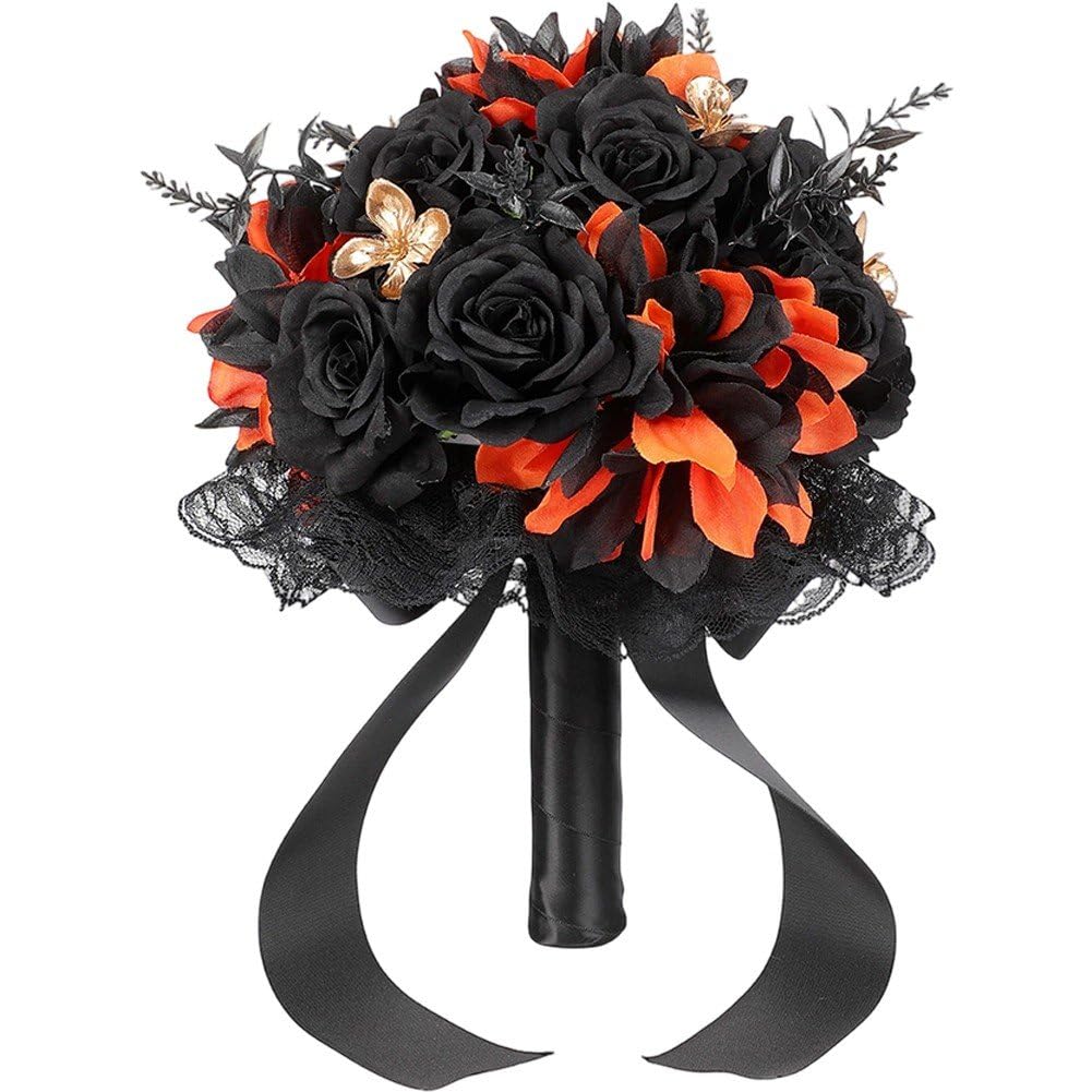 Lamdbao Gothic Bridal Bouquets,Black Fake Flower Bouquet,Artificial Holding Flowers Wedding Bouquets for Brides Bridesmaids Halloween Anniversary