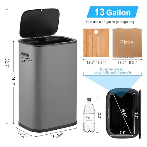 Miniatura 5 de WELYFE Bote de basura de 13 galones con tapa, tapa activada por sensor para el hogar, oficina, delgado ahorro de espacio, batería no incluida, color