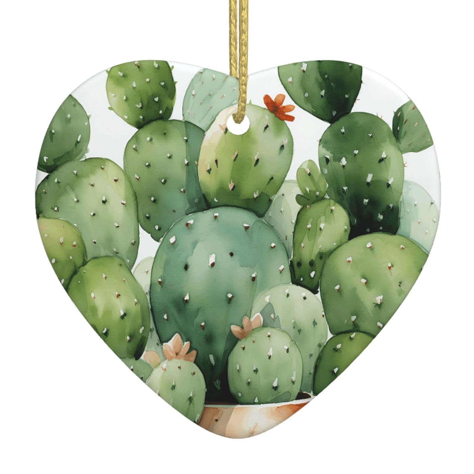 Cute Watercolor Cactus Christmas Ornament 2025 Heart Ceramic Hanging Ornaments for Home Decor Christmas Decorations with Gold Rope Double-Sided Xmas Tree Ceramic Hanging for Holiday Party