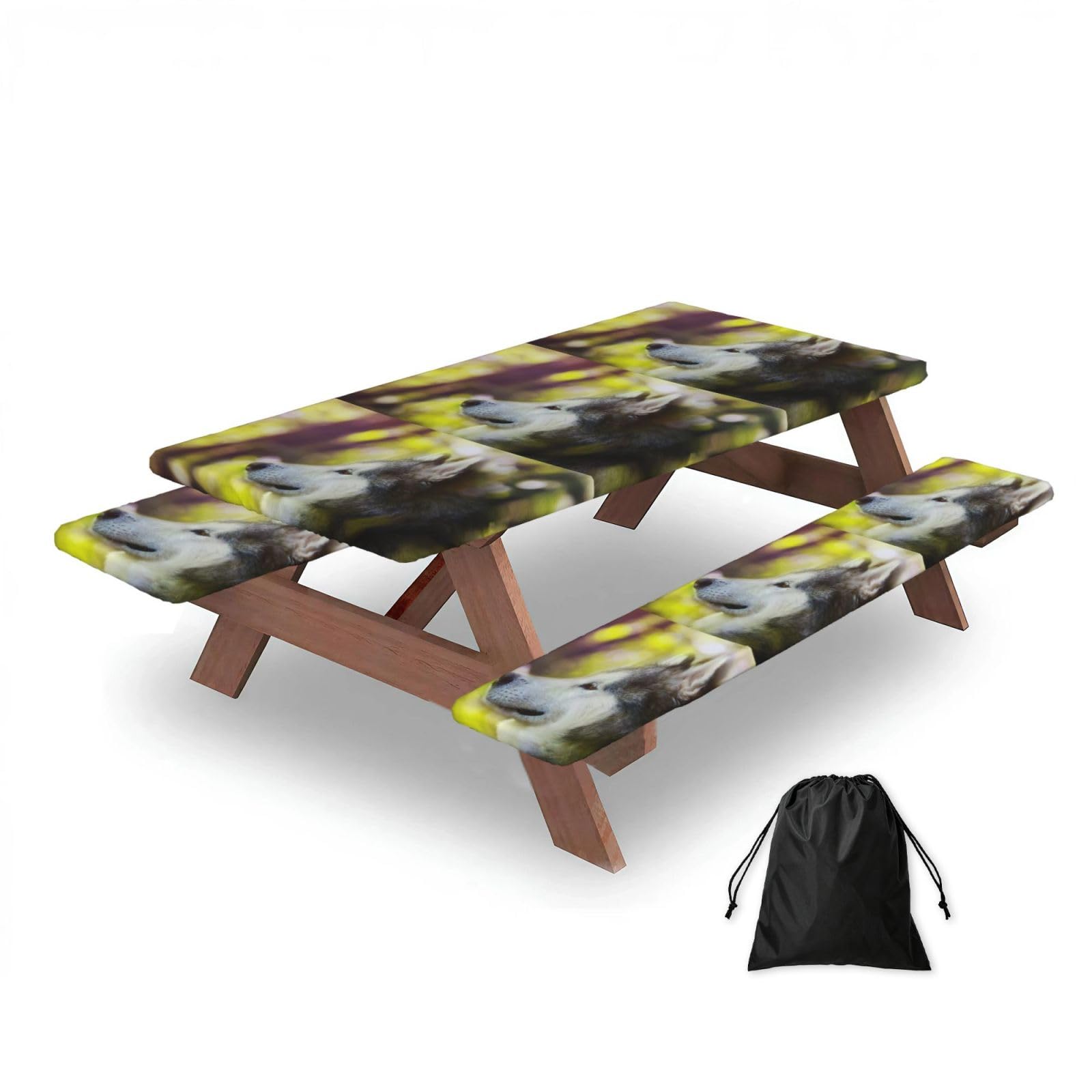 Dopklna As Picture Alaskan Malamute Bokeh Pets Dogs Cute, Picnic Table Cover With Bench Covers -Waterproof Elastic Fitted Tablecloth For Garden Camping Patio 76X152cm