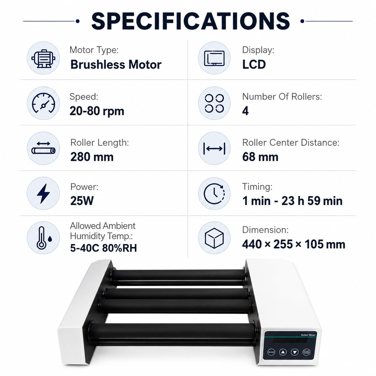 Mezclador de rodillos de laboratorio, agitador digital de 4 rodillos, ajustable 20-80 RPM para mezcla química y biológica, ideal para botellas de reactivos y aplicaciones de laboratorio