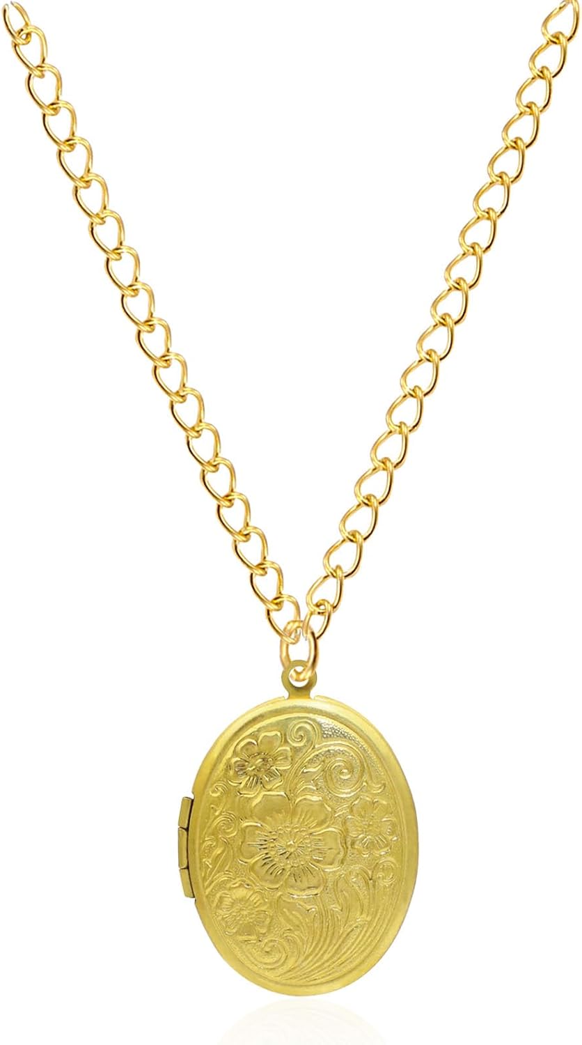 Vintage Engraved Flower Empaistic Photo Locket Hold Picture Oval Round Pendant Necklace Antique Carved Pattern Souvenir Memorial Clavicle Jewelry for Women