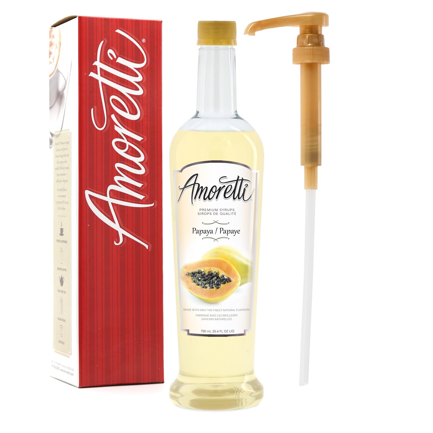 Amoretti - Premium Papaya Syrup, 94 Servings Per Bottle (750 ml), with Pump for Flavoring Coffees, Cocktails, and other Beverages, Gluten Free, GMO/GEO Free, Preservative Free