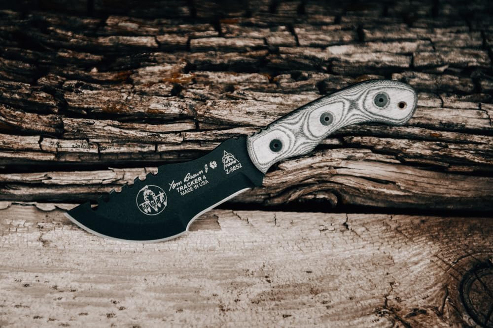 Tops Knives Tom Brown Tracker #4 Mini Full Tang Fixed Blade Knife- Black Kydex Sheath w/Multi-Position Spring Steel Clip (Black Linen Micarta Handle)