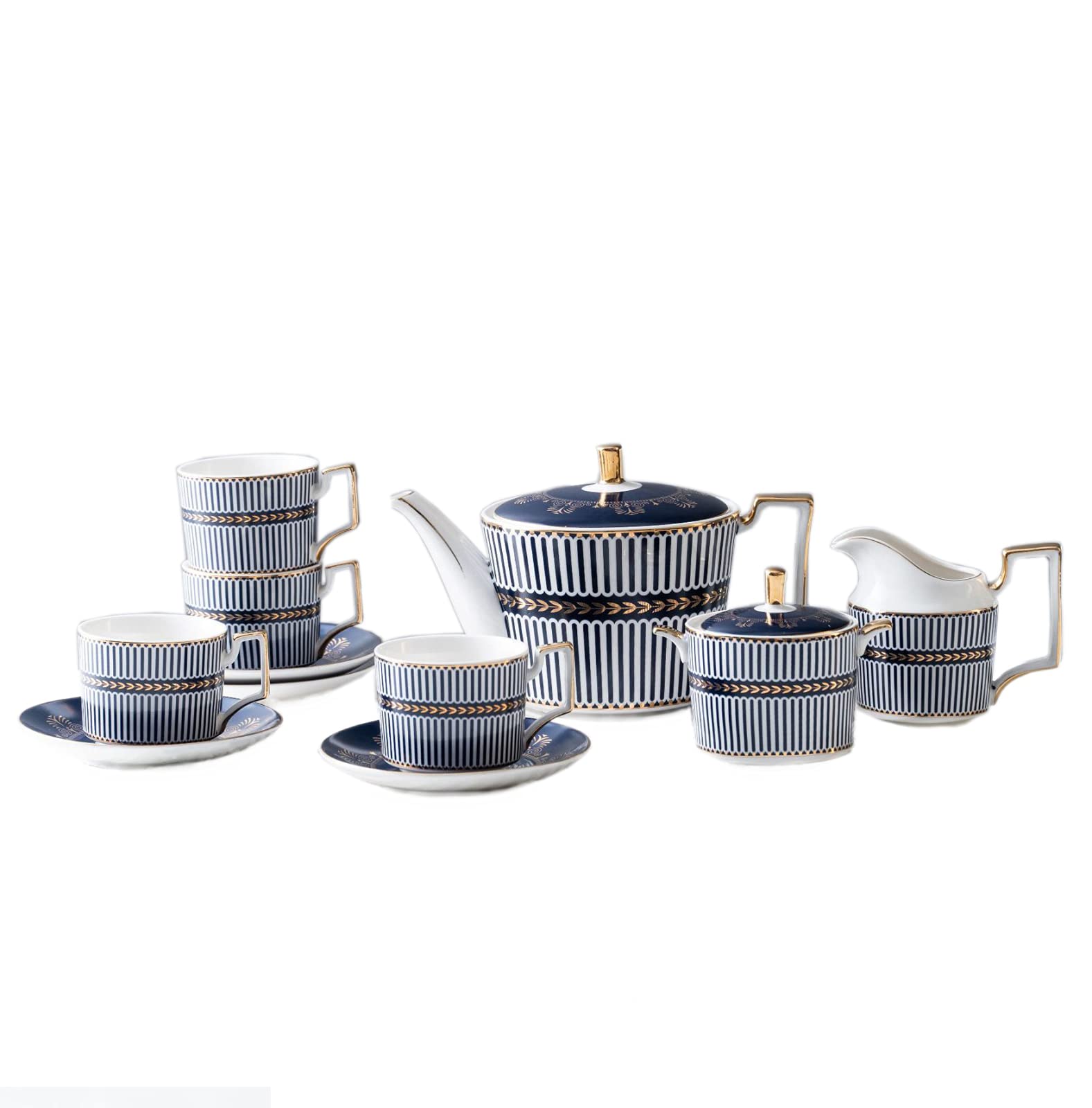 zestaw do herbaty, 11 szt. Porcelanowy zestaw do herbaty Zestawy filiżanek i spodków kawy Zestaw Serwis herbaciany Niebieskie paski Czajniczek, Cukiernica, Dzbanek śmietanki