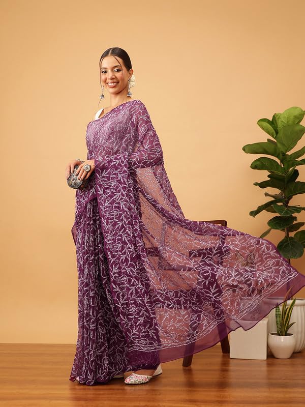 Image of Ada Hand Embroidered Lucknowi Chikankari Georgette Saree for Women with Unstitched Blouse Piece Tepchi Saree-3590