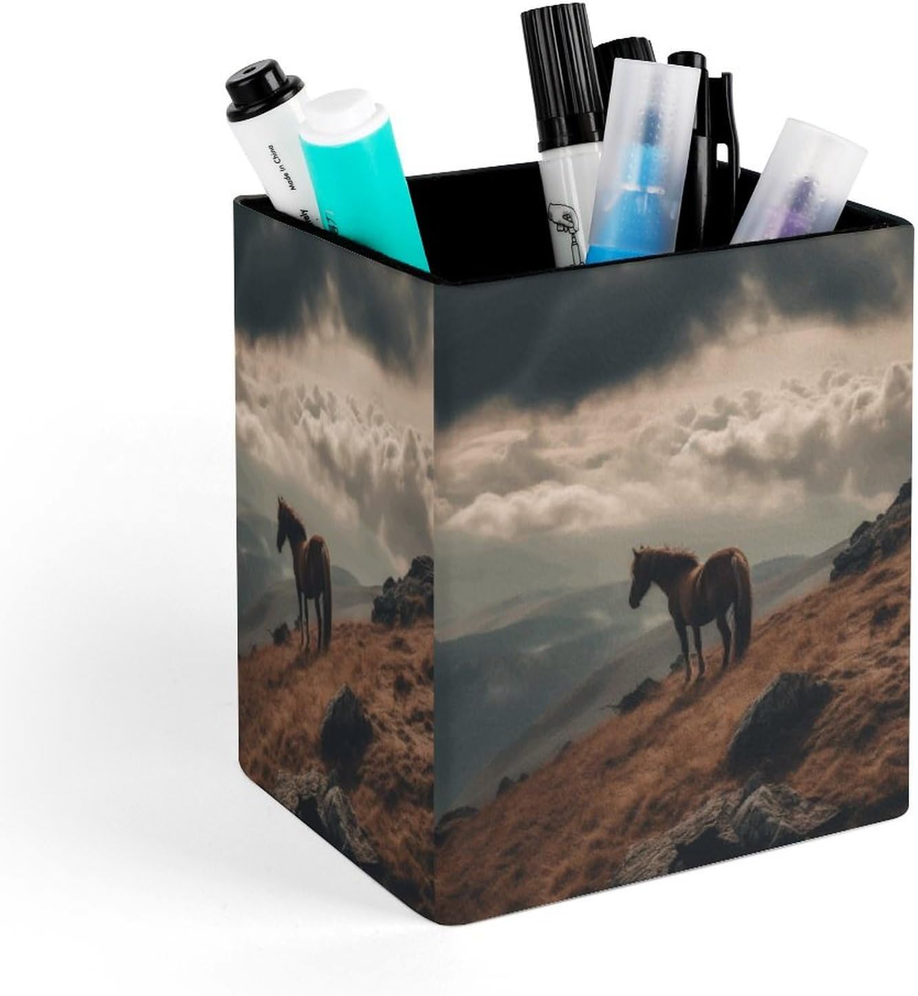 Horse Grazing on The Mountain Leather Pen Holder Desk, Pencil Cup Makeup Brush Holder Desktop Organizer Storage Case Stationery for Home Office Supplies