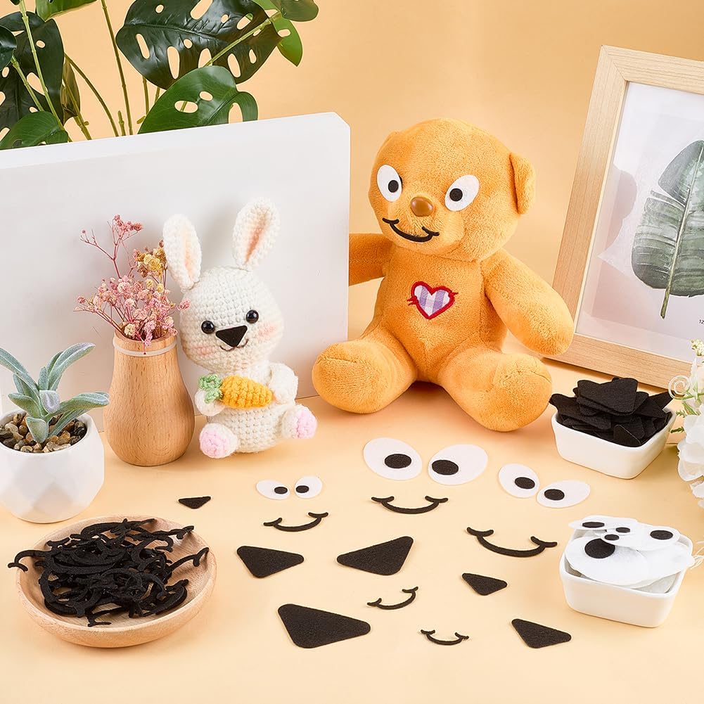 FINGERINSPIRE 180PCS Felt Craft Set for Doll Making 3 Styles Black Facial Features Applique Soft Eyes Nose Mouth Felt Applique Patches for DIY Plush Animals Puppet Crafts Handmade Art Projects