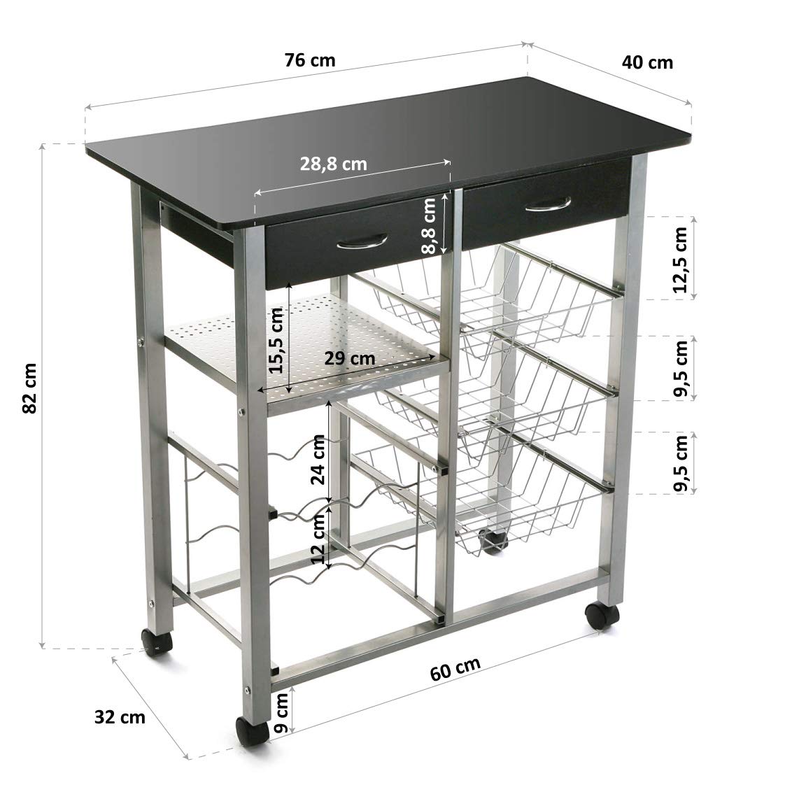 Versa Leicester Chariot de Cuisine avec Roues, tiroirs et Porte-Bouteilles, Rangement de Cuisine, Stockage de Cuisine, Dimensions (H x l x L) 82 x 40 x 76 cm, Bois et métal, Couleur: Noir