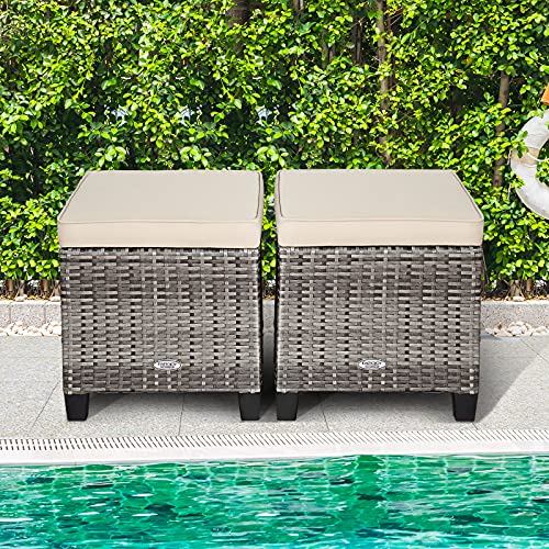 image for Tangkula 2 Pieces Patio Rattan Ottomans, Outdoor Wicker Footstool Foot