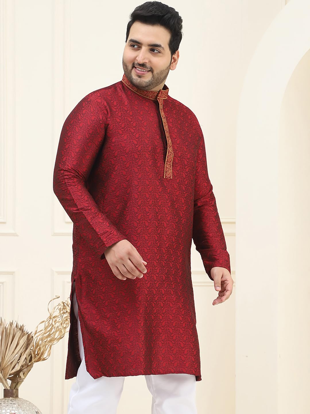 Sojanya Plus (Since 1958) Men's Silk Blend Maroon Self Design Only Kurta