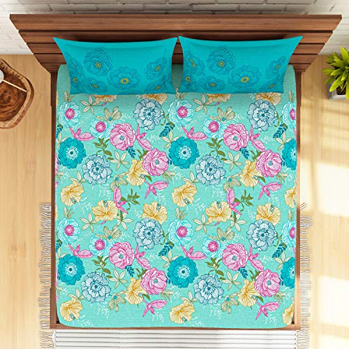 Image of Spaces Atrium 144 TC 100% Cotton King Size Double Bedsheet with 2 Pillow Covers (Floral, 88 inch X 108 inch Inches) - Strawberry