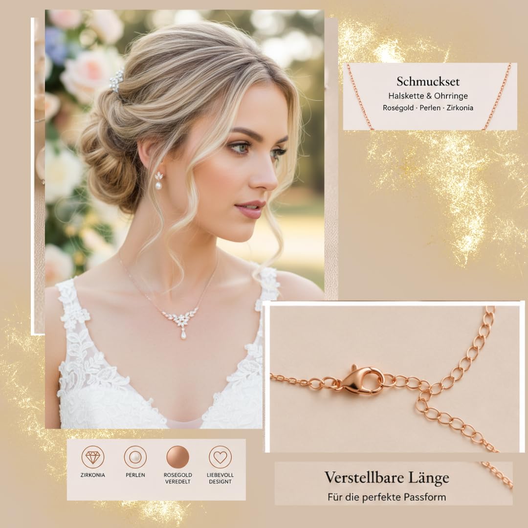 Schmuckset Rosegold Silber Perlen Zirkonia Halskette Ohrringe Strass Brautschmuck Hochzeit Kommunion Abiball