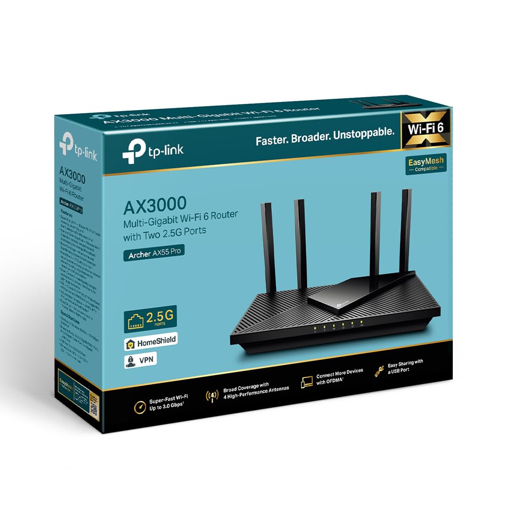 TP-Link Archer AX55 Pro Wi-Fi 6 WLAN Router Dualband AX3000, 1 × 2,5 Gbit/s-Port + 4 × Gigabit-Port, USB 3.0, VPN, WPA3, OneMesh, Kindersicherung, HomeShield, Keine Unterstützung für DSL-Funktion