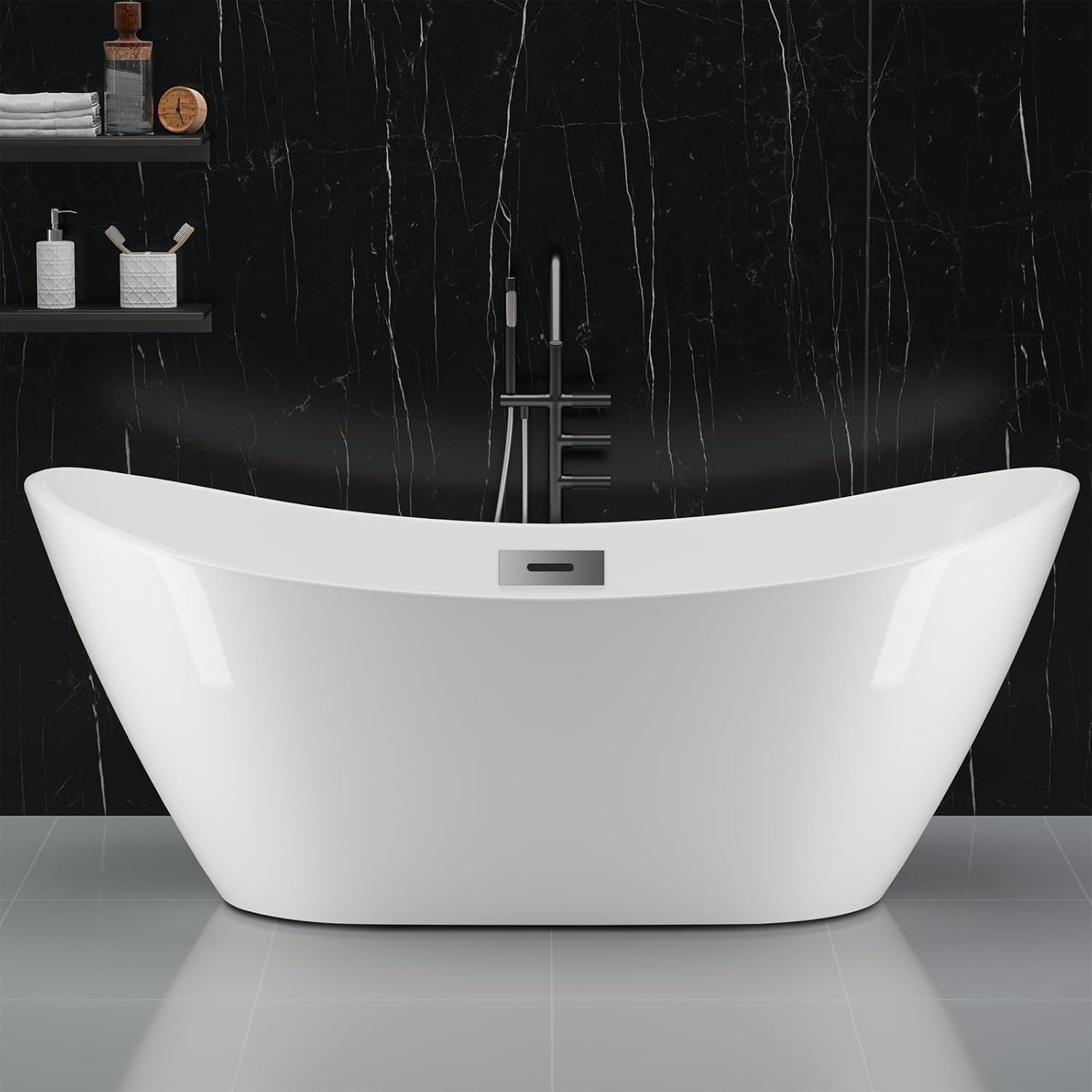 59" Acrylic Freestanding Bathtub, Deep Soaking Tub, Double Ended