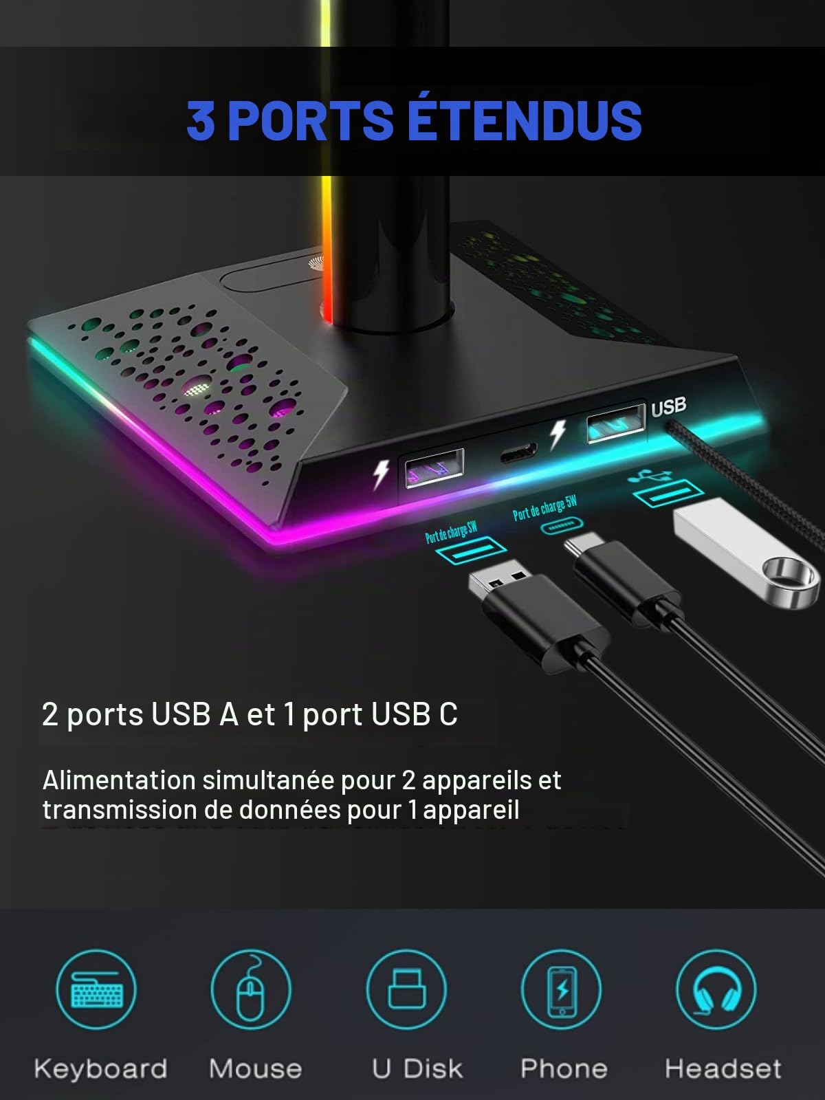 VCOM Support Casque Gamer, RGB Porte Casque avec 10 Modes d'éclairage, Support Manette avec 3 Ports USB pour Gamer, Xbox, PS5 Accessoires de Casque