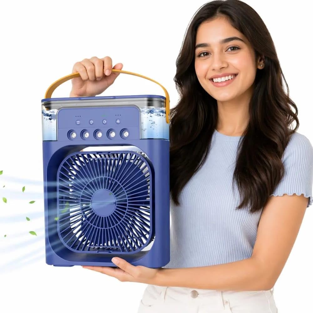 Take it anywhere, Portable Mini Air Cooler with 600ml Water Tank, 5-Spray Mist Fan, 3 Speed Settings, USB Powered, Blue-image-33