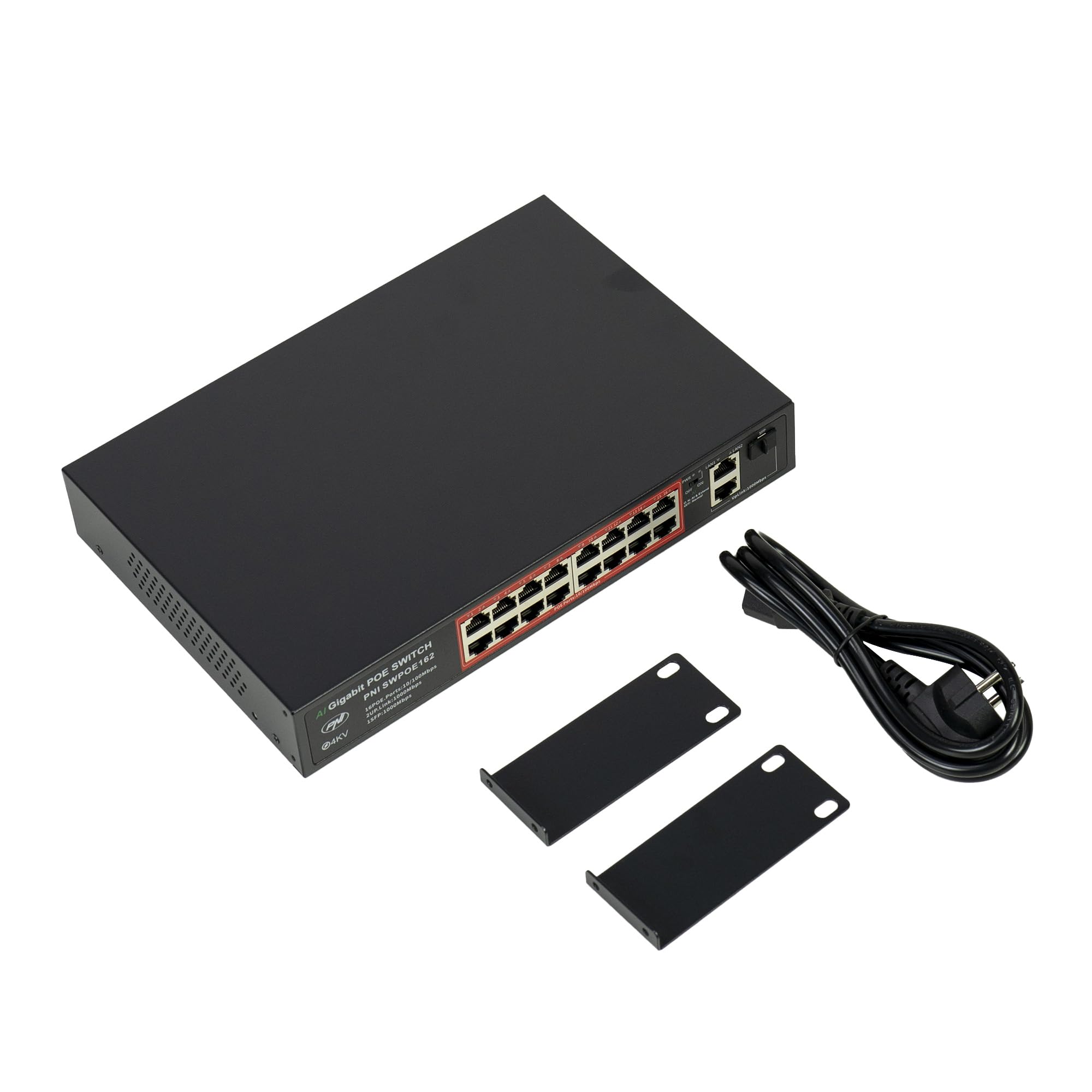 Conmutador PoE PNI SWPOE162, 16 Puertos PoE de 100 Mbps, 2 Puertos UP Link de 1000 Mbps, 1 Puerto SFP de 1000 Mbps, 240 W, función AI Extend hasta 250 m, protección contra Rayos de 4 kV