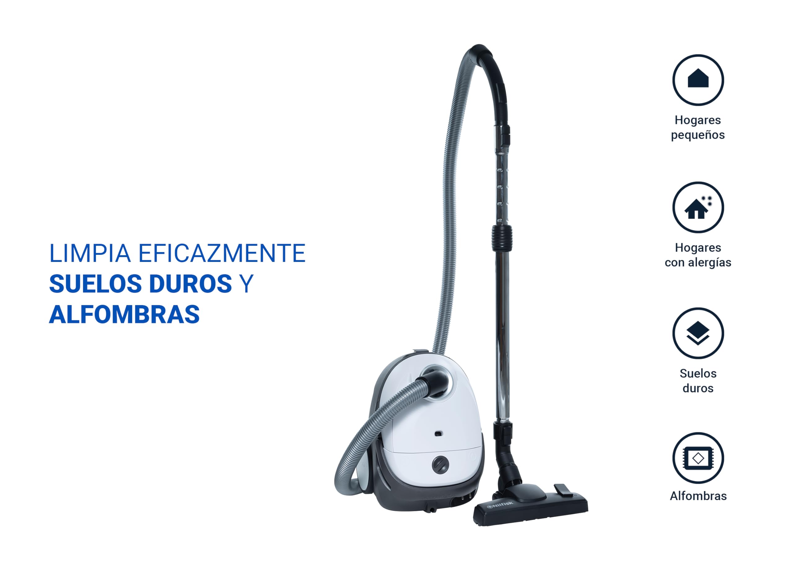 Nilfisk Aspiradora One para Suelos y Alfombras con Filtro EPA - Aspirador de Trineo Potente, Compacto y Ligero - Blanca (WB10P05A-HB15)