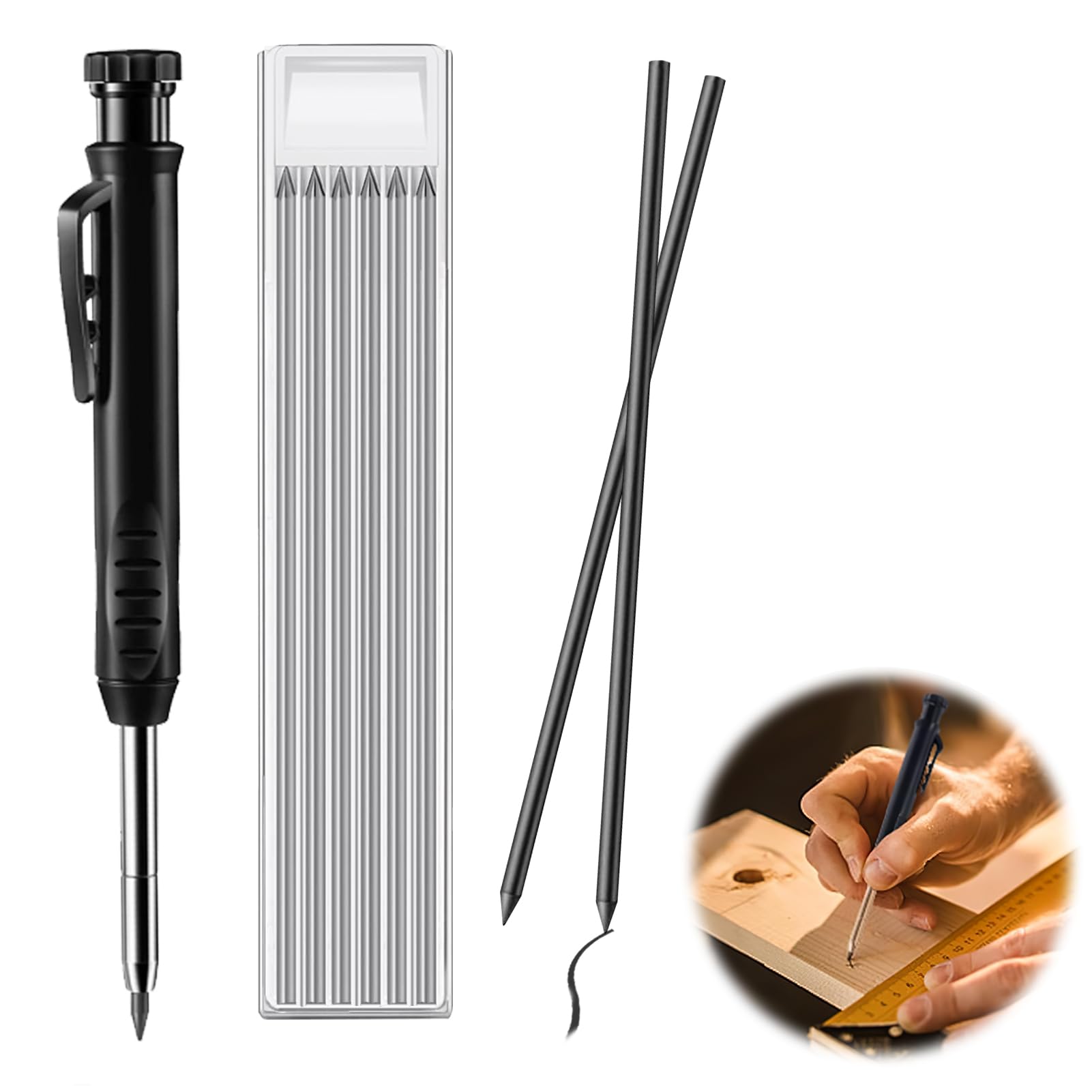 Lápiz Carpintero profesional con 6 Recambios Negro, Lápices Mecánicos Sólidos con Sacapuntas Integrado Lapicera para Lapiz Obra, Lápices de Carpintero Macizo para Construcción Agujeros Profundo