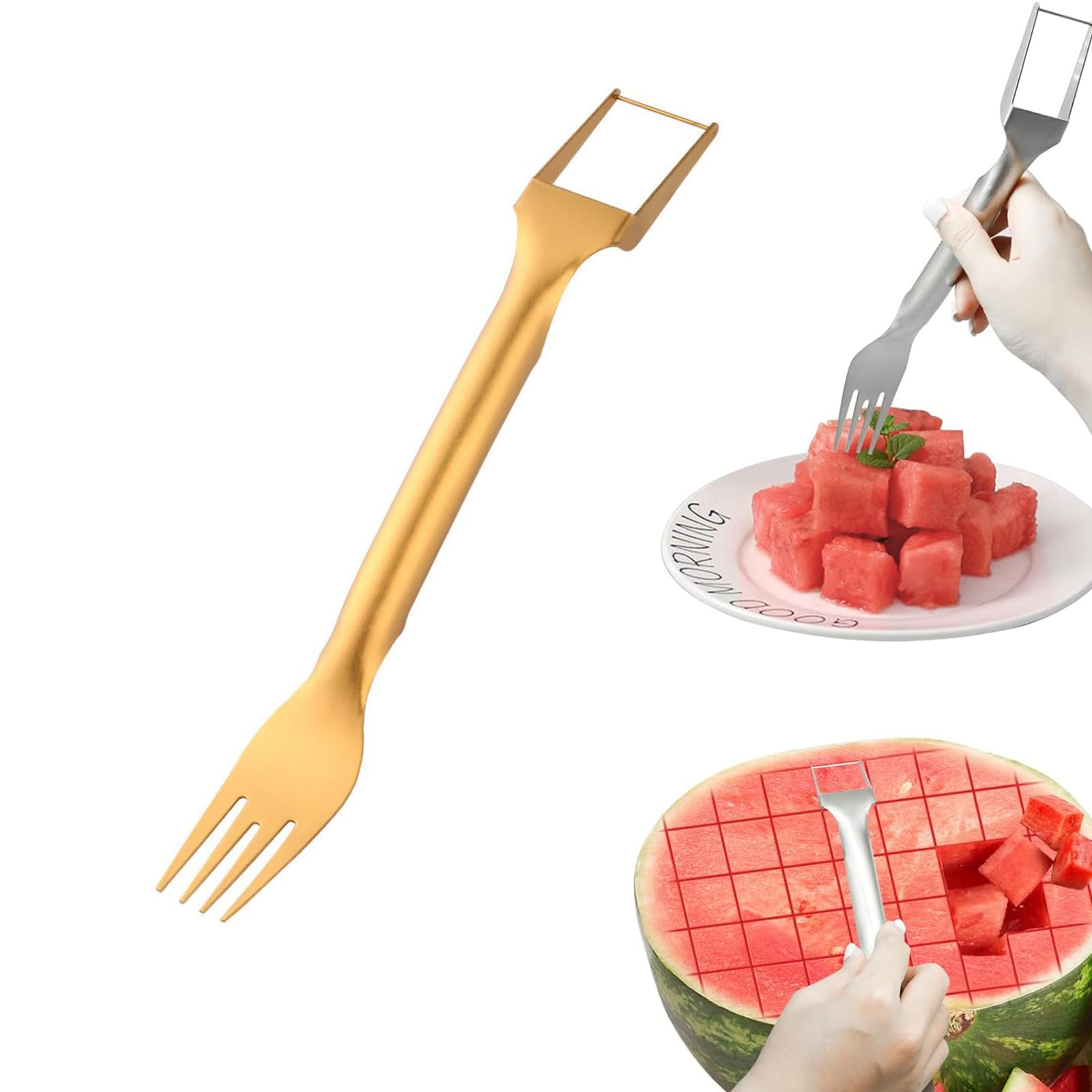 Watermelon Fork Slicer Cutter, Stainless Steel 2-in-1 Watermelon Fork Slicer, Portable Watermelon Fork Watermelon Cutter Fruit Forks Slicer for Home Party Camping Kitchen Gadget (Gold)