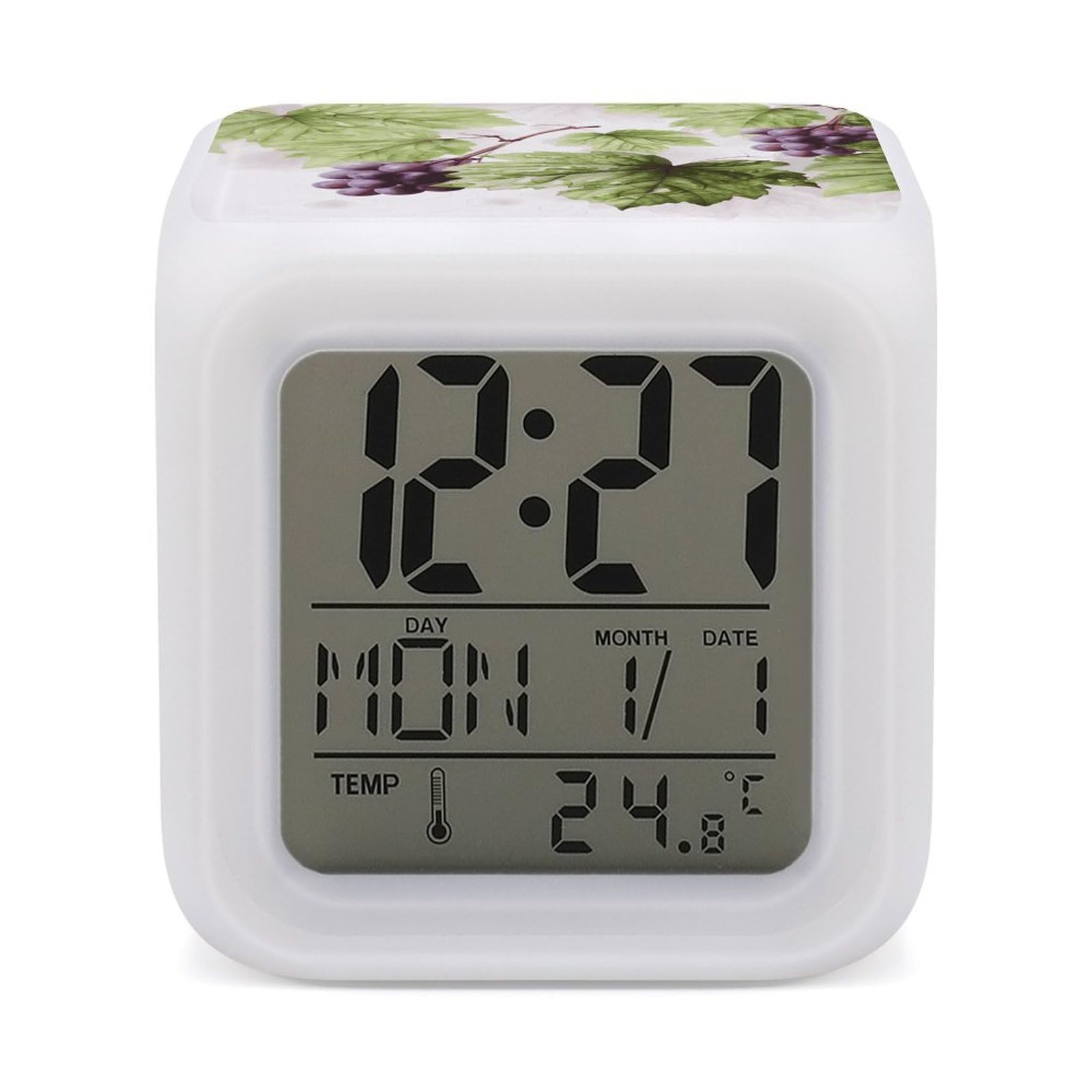 JTREHY Beautiful Grape Leaves Alarm Clock Digital Dimmable Clock for Bedroom LED Display Screen Mini Clocks 7 Color Dimmable Night Lights Time-to-Rise Alarm Clocks for Office Living Room