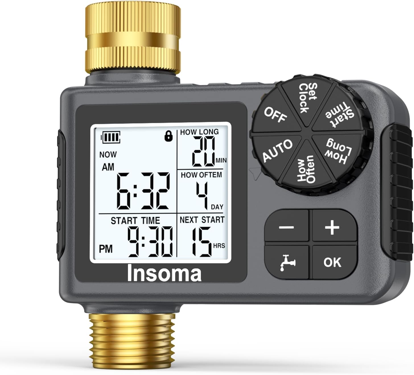 Sprinkler Timer with Brass Inlet & Outlet, Water Timer for Garden Hose with Auto/Manual/Rain Delay Mode, Easy Setup Hose Timers for Lawn, Garden, Vacation Watering,1 Outlet