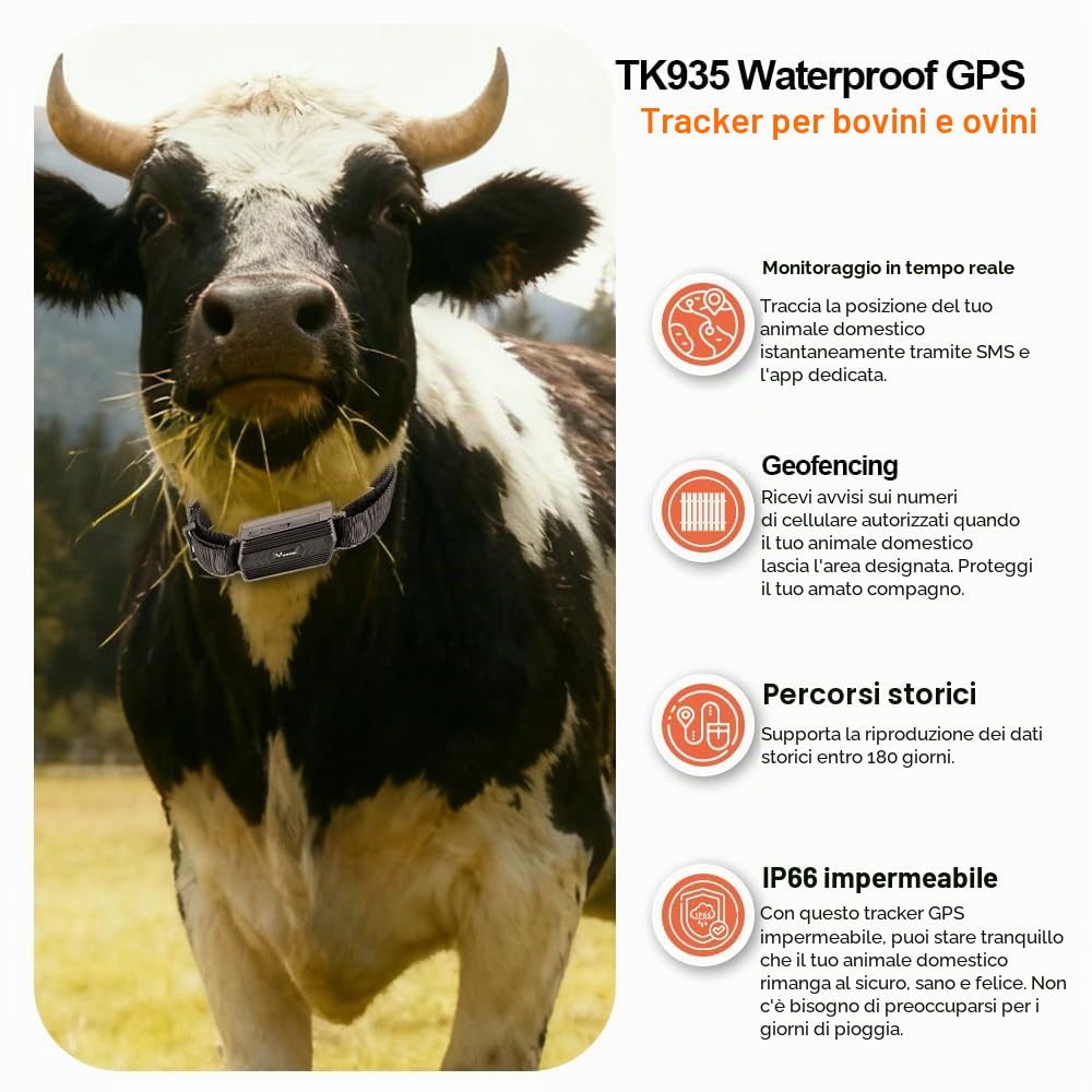 Winnes 4G Localizzatore GPS Tracker GPS con Collare per Cani, Caccia, Mucca, Cavallo, Pecora, Cammello,IP66 Impermeabile,Multipli Allarme/Geo-fence,APP Senza Abbonamento - 3000mAh (4G TK935)