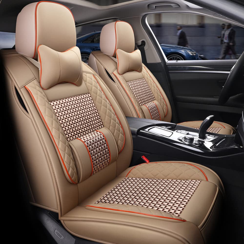 Fundas universales de Piel sintética para Asientos de Coche, Auto Asiento Fundas Delantera y Trasera Juego Completo de 5 Asientos Universal Four Seasons Pad Airbag Compatible,Beige Luxury