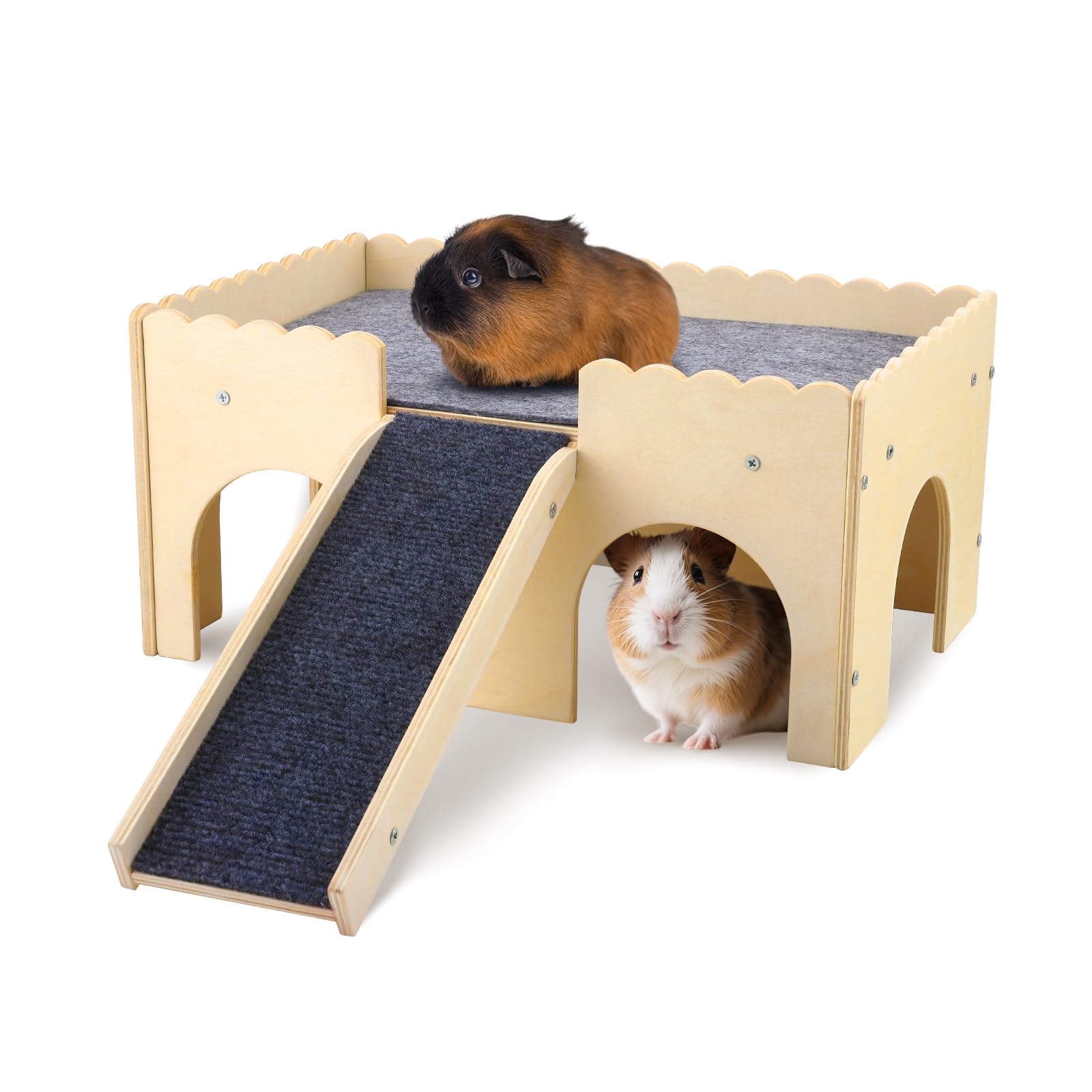 Neulriscn Wooden Guinea Pig House, Guinea Pig Castle with Ramp, Small Animal Hideouts with Detachable Stair & Cushion for Hamsters, Hedgehogs, Rats, 4 Entrances, Hiding and Playing, 38 x 25 x 18cm