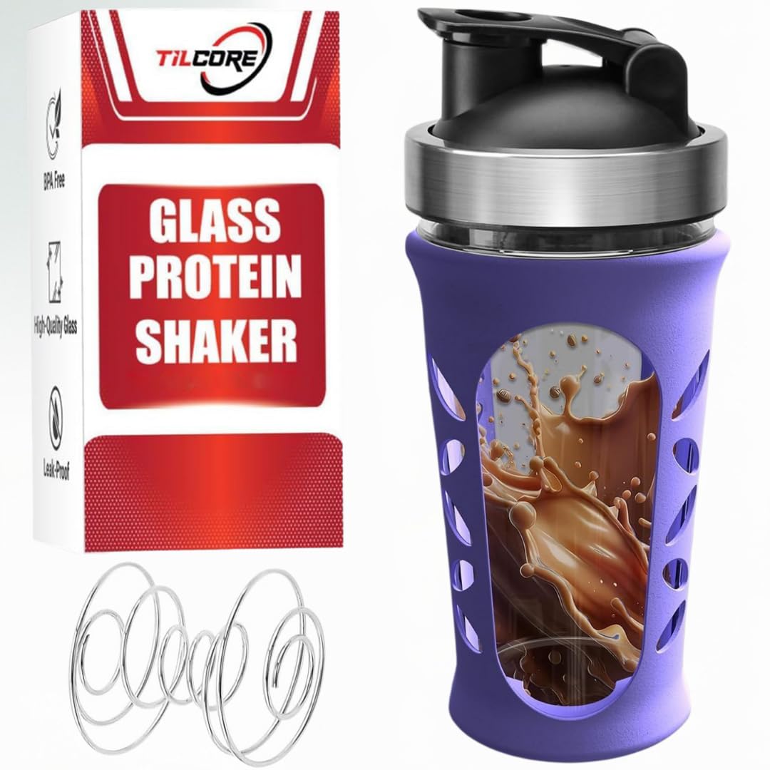Tilcore Glass Protein Shaker Bottle 635ml/20oz: BPA-Free Shaker for Protein Shakes, Leakproof Smoothie Bottle, Sports Supplements Shakers