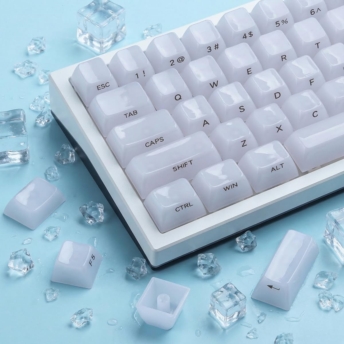 JakeTsai Crystal Jelly White Keycaps, 119 touches PC Keycaps Dye-Sub MDA Translucide Side Printed Custom Keycap for 61/68/84/87/98/100 Cherry Gateron MX Switches Mécaniques Keyboards