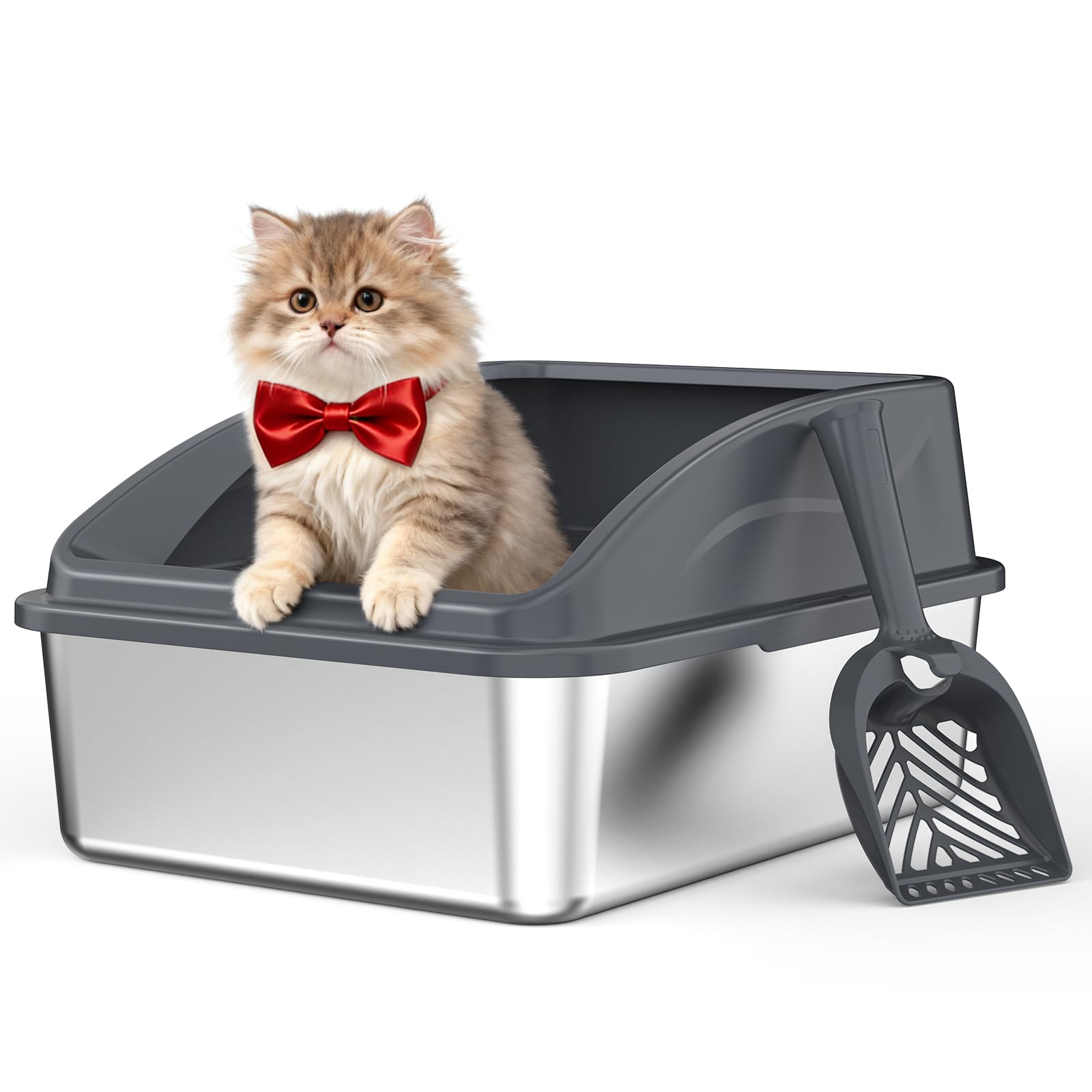 Stainless Steel Litter Box | Metal Kitty Litter Box with Lid High Sided for Small Cats or Injured Cats, Bunny Litter Boxes, Low Entry, Odor-Free, Non-Stick,Includes Scoop (Dark Gray, Small)