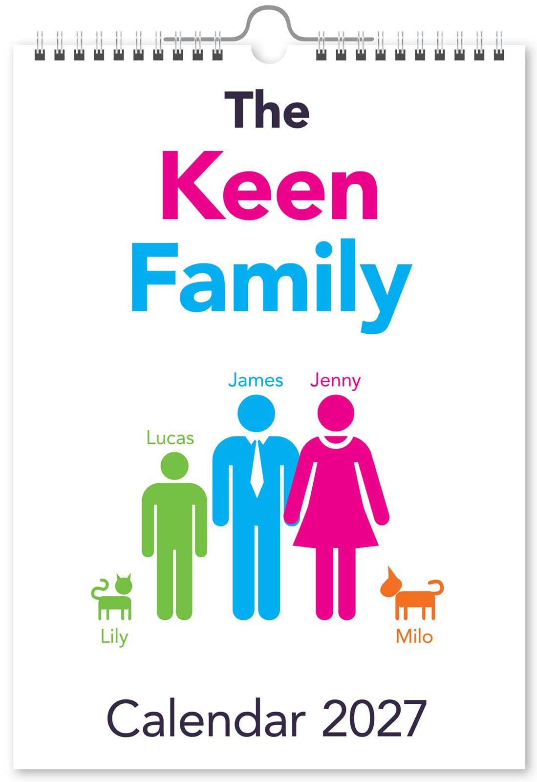 Personalised Family Wall Calendar 2027 - Custom Planner with Names & Optional Pets, A4-3 Family Members